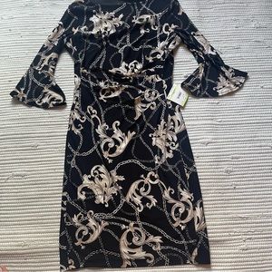 Anne Klein Chain Pattern Dress Black with Ivory sz 4 Flare Cuffs